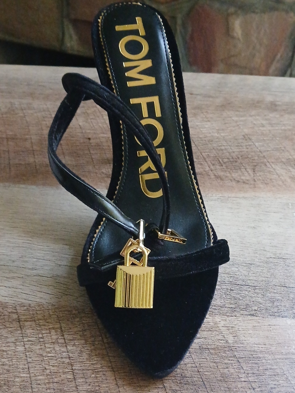 Tom Ford Black Velvet Slingback Mule with Gold Padlock Accent